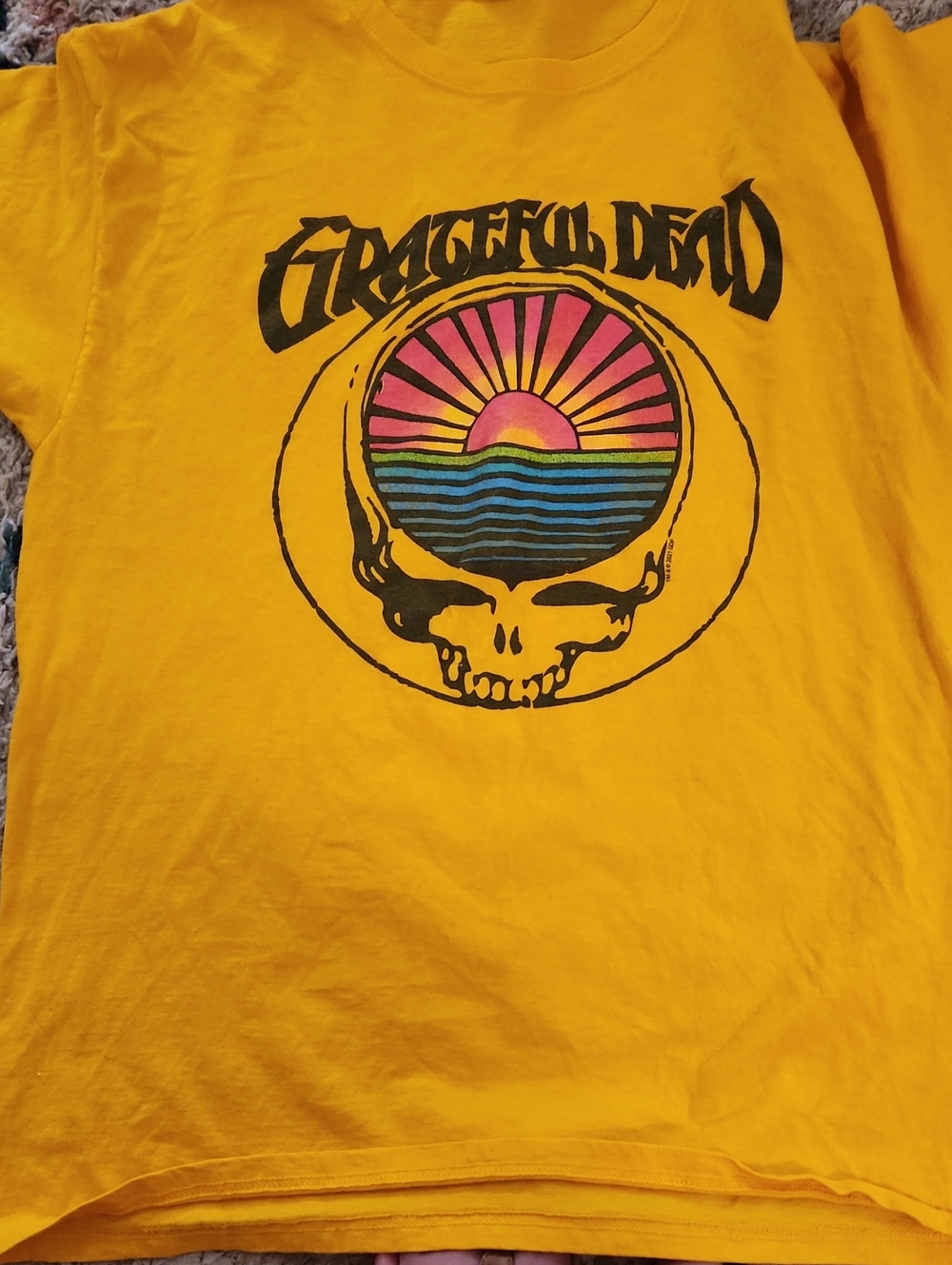Grateful Dead Yellow Tee with Pink and Blue Sunrise Skull